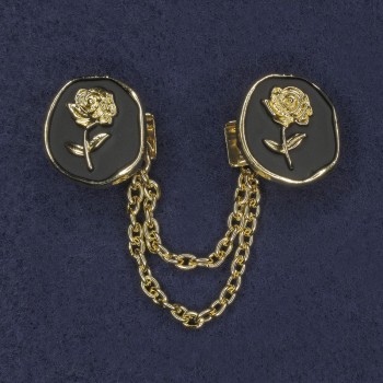 Broche para cárdigan con esmalte negro y metal dorado, diámetro de 20 mm +/- cadena, longitud 9 cm+