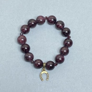 Pulsera de granate con bolas lisas de 12 mm +- y bolas facetadas de 4 mm +- con inserción metálica, longitud 18 cm, elástica