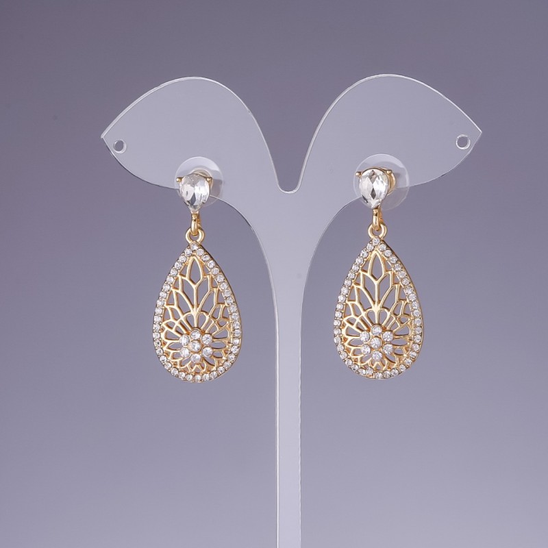 Pendientes con cristales blancos, longitud 4 cm, metal dorado