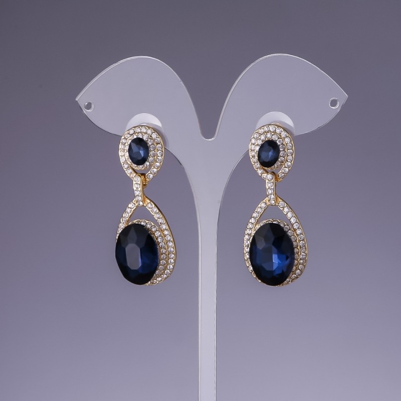 Pendientes con cristales azules, longitud 4,5 cm, metal dorado