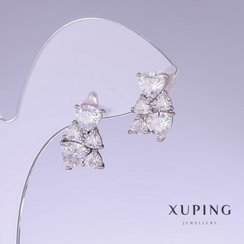 Aretes Xuping con circonias blancas, longitud 15 mm, grosor 10 mm, baño de rodio