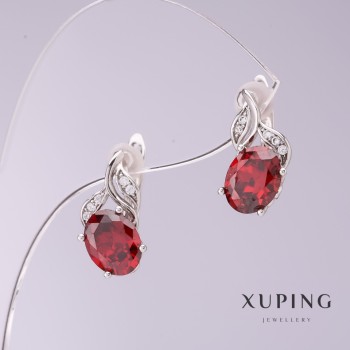 Pendientes Xuping con circonias rojas, diámetro 8 mm, longitud 16 mm, acabado en rodio