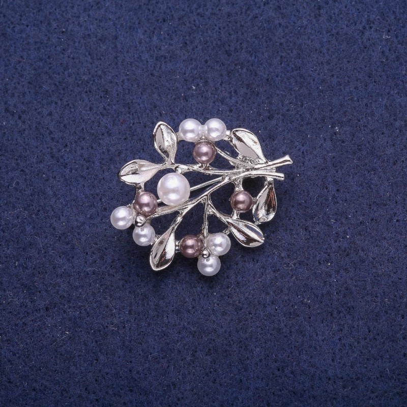 Broche «Ramita con Perlas», metal plateado 28×35 mm