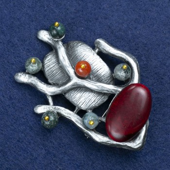 Broche 'Ramita con cornalina' y piedras variadas, metal plateado 61×42 mm +