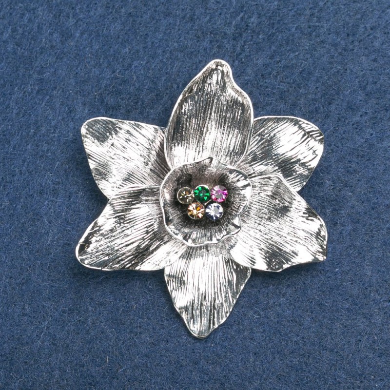 Broche flor plateado con strass multicolor de 50 mm +