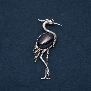 Broche-colgante «Garza» con piedra natural de aventurina azul arena Noche de El Cairo 80x30 mm